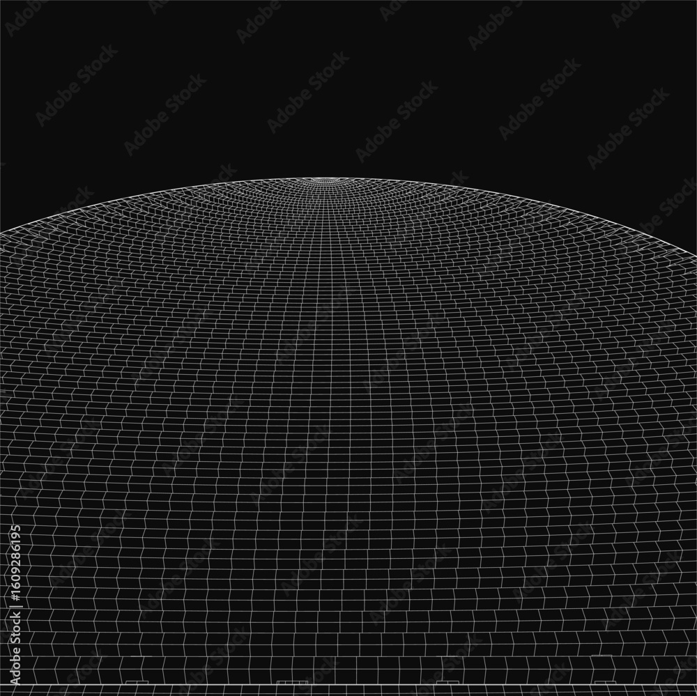 Poster a black and white grid features a central sphere composed of interconnected wireframe lines, creatin