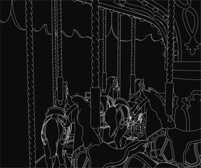 A black and white contour drawing of a vintage carousel features detailed horses and riders against a dark background. The intricate design includes ornate decorations and swirling patterns.
