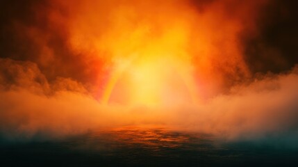 A dramatic, fiery orange and smoky landscape with a glowing center.