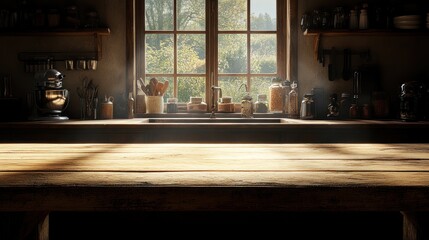 Rustic kitchen countertop, sunlight streams through window