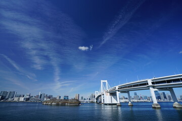 A harbour bridge and skyline in Tokyo