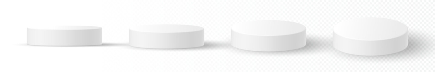 3D realistic white round podium or product display from different angle on transparent background. stage, cylinder stand, pedestal for product display showcase, promotion sale banner. vector