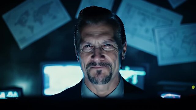 Intense gaze of a man with a goatee in a dark room with maps and monitors