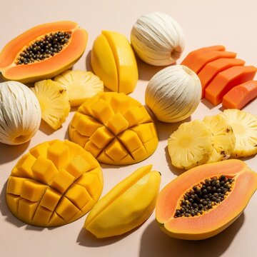 An assortment of tropical fruits including sliced mangoes, papayas, pineapples, and white sapote arranged on a light surface, showcasing vibrant colors and textures.