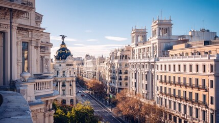 Obraz premium minimalistic bright view of Madrid, elegant cityscape with classical and modern architecture, sunny sky, soft light, Retiro Park, Gran Via buildings