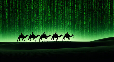 Silhouette of people riding camels across a desert, backdrop of green digital rain of binary code, symbolizing technological advancement in traditional cultures