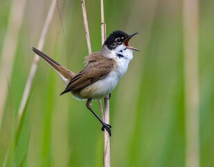 Obraz premium Small bird perched on reed, vocalizing (1)