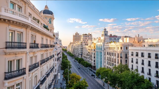 minimalistic bright view of Madrid, elegant cityscape with classical and modern architecture, sunny sky, soft light, Retiro Park