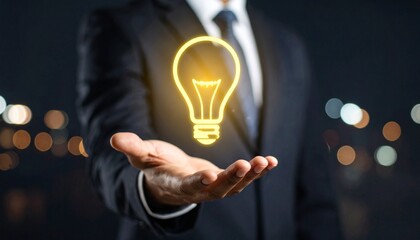 3D scene with a lightbulb-shaped idea icon floating above the hand of a blurred man in a suit