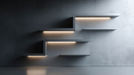 modern interior wall with asymmetrical floating metal shelves, futuristic design, matte texture, clean dark background, architectural lighting shadows