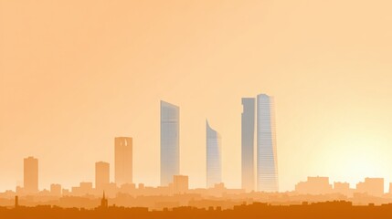 modern Madrid skyline at sunset, minimalistic cityscape with Cuatro Torres, golden sky, soft glow, clean silhouettes, elegant urban design