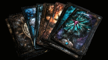 Fantasy tarot cards with mystical galaxy designs on black background 