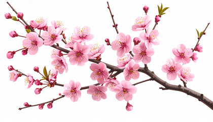 Realistic Pink Plum Blossom Branch with Detailed Flowers on Transparent Background