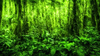 Beautiful, natural forest landscape with vibrant green grass and lush foliage under sunlight