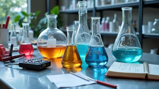 Dynamic 4k video footage of a science lab with bubbling beakers, perfect for educational content, scientific projects, and research visuals.