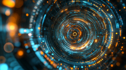 Abstract concentric circles of blue and orange light particles creating a tunnel effect with shallow depth of field, suitable for technology or science themes