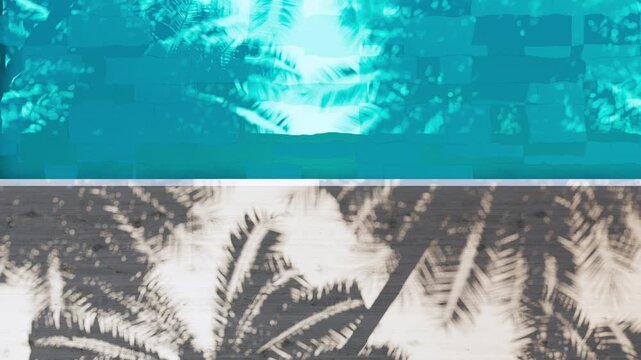 A top-down view of a calm swimming pool with soft palm tree shadows cast across the water. The scene evokes a peaceful, relaxing resort vibe. 3d animation.