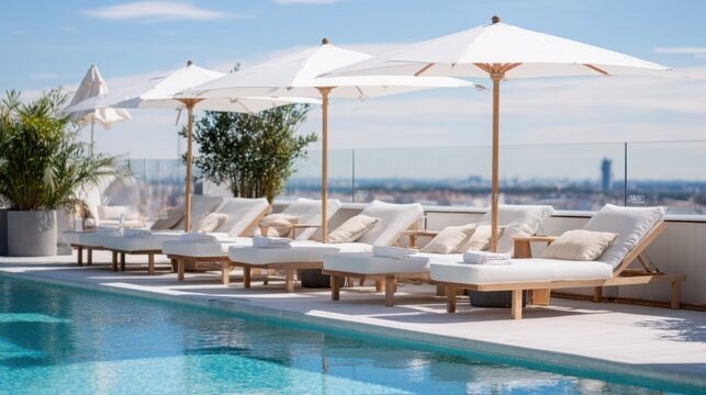 peaceful retreat in Madrid with a beach club feel, minimalistic outdoor pool area, sunbeds, cocktails, white parasols, distant city skyline