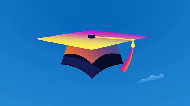 Colorful mortarboard floating in a bright blue sky with few scattered clouds