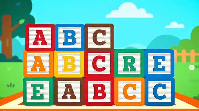 Colorful alphabet blocks stacked in a playful cartoon landscape under a sunny sky
