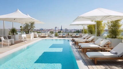 Fototapeta premium peaceful retreat in Madrid with a beach club feel, minimalistic outdoor pool area, sunbeds, cocktails, white parasols, distant city skyline