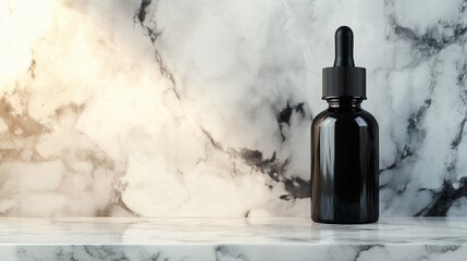 Black dropper bottle with ribbed collar standing on marble surface against a marble background with subtle lighting