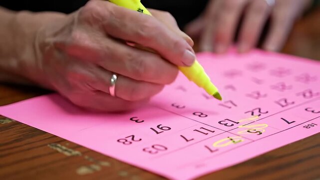 Hand highlights numbers on a pink bingo card with a yellow marker on a wooden surface