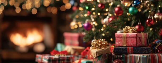 The Christmas tree adorned with beautifully wrapped gifts and twinkling lights.