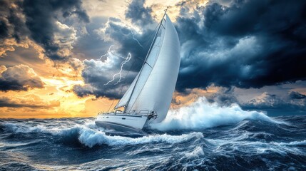 Sailboat battling stormy seas at sunset
