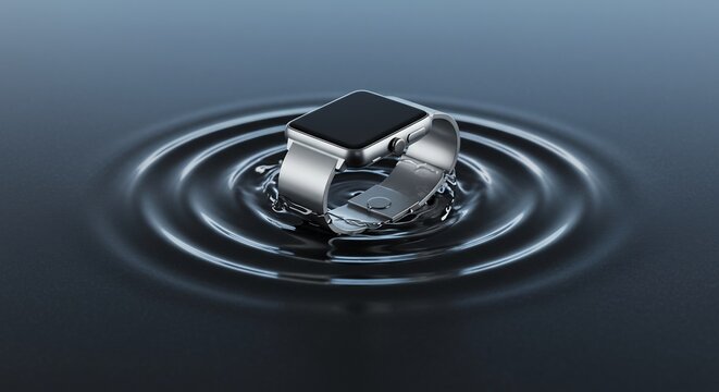Sleek Modern Silver Smartwatch Submerging into Clear Water Creating Perfect Circular Ripples, Showcasing Advanced Waterproof Technology - Powered by Adobe
