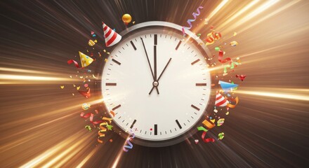 A clock with party hats and confetti against a radial light background