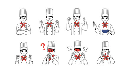 Illustrations of chefs expressing a variety of emotions and actions in a culinary setting