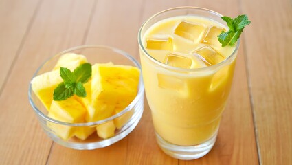 Tropical smoothie ingredients on rustic wood table pineapple chunks, mint leaves, ice cubes, creamy yellow drink in elegant glass