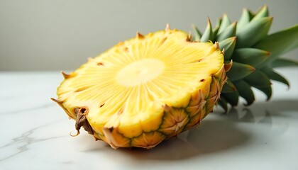 Close-up of freshly sliced ripe pineapple on white marble surface