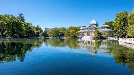 Fototapeta premium Retiro Park in Madrid, minimalistic composition with crystal palace, reflections on the lake, green trees, warm sunshine, serene mood, peaceful city nature