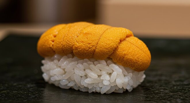 A closeup of a uni nigiri sushi piece on a dark plate