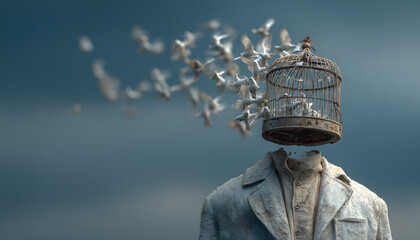 Surreal scene of a person with birdcage instead of head. The cell door opens and the birds escaped the prison. The freedom of idea metaphor. Free your mind as concept for liberty of expression