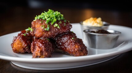 Crispy chicken wings garnished with chives sauces on white plate