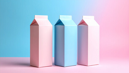 Three Pastel Paper Milk Cartons on Pink and Blue Gradient Background &ndash; Minimal Aesthetic Design