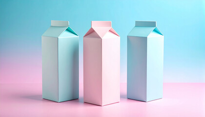 Three Pastel Paper Milk Cartons on Pink and Blue Gradient Background &ndash; Minimal Aesthetic Design