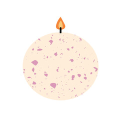 Cute round wax candle in warm orange color. Cozy minimal decoration for autumn and winter. Vector illustration isolated on white.