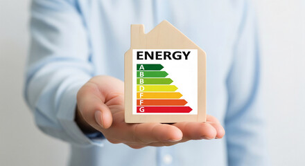 Wooden house model showcasing energy efficiency rating chart, held in hand, symbolizes sustainable living and home energy performance