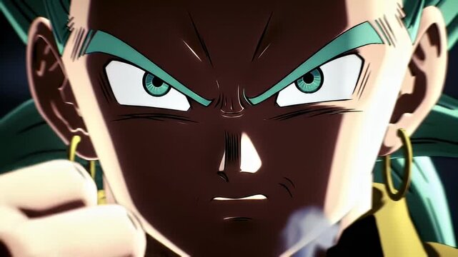 Intense stare of a serious character with teal hair and glowing teal eyes