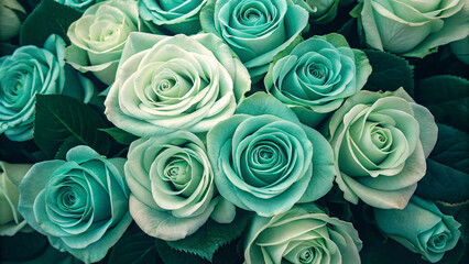 Seafoam green roses arranged in bouquet formation, displaying various shades of mint and sage with elegant petal structures and foliage.