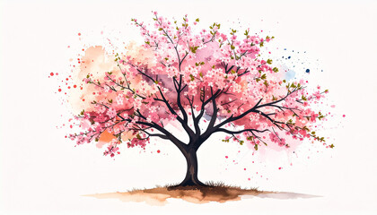 Watercolor Cherry Blossom Tree with Ink Splatter Artistic Effect