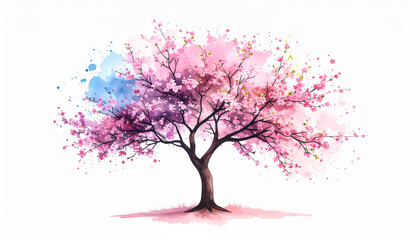 Obraz premium Watercolor Cherry Blossom Tree with Ink Splatter Artistic Effect