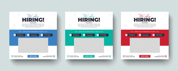 We are hiring job vacancy promotional social media post and square web banner design template. Hiring job opportunity or Job recruitment advertising social media post banner layout design.