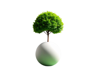 Miniature Green Tree Emerging from White Sphere on Deep Green Background