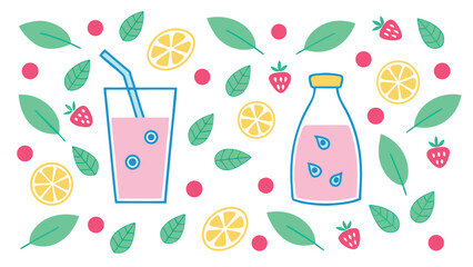 Pink lemonade drink in glass and bottle surrounded by fruit and leaves vector