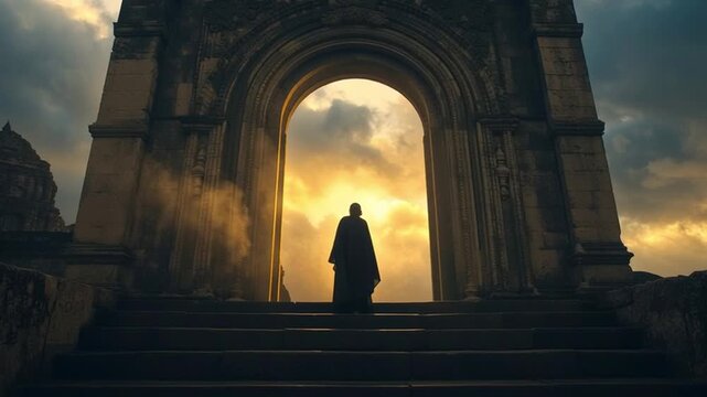 Woman in Dark Cloak Chanting at Ancient Temple Gate During Sunset